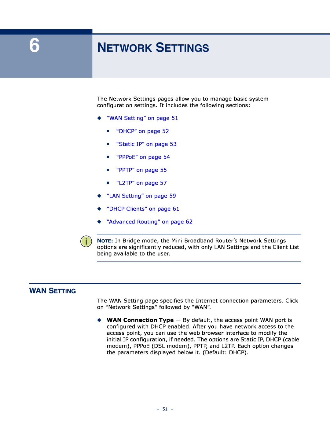 SMC Networks SMCWBR11S-N manual Network Settings, Wan Setting, “WAN Setting” on page “DHCP” on page “Static IP” on page 
