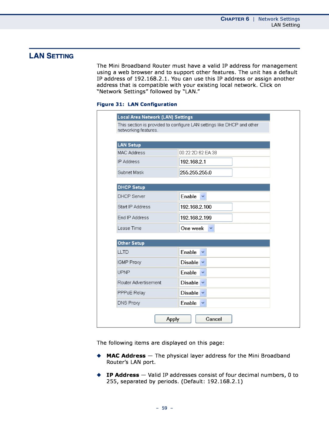 SMC Networks SMCWBR11S-N manual Lan Setting, LAN Configuration 