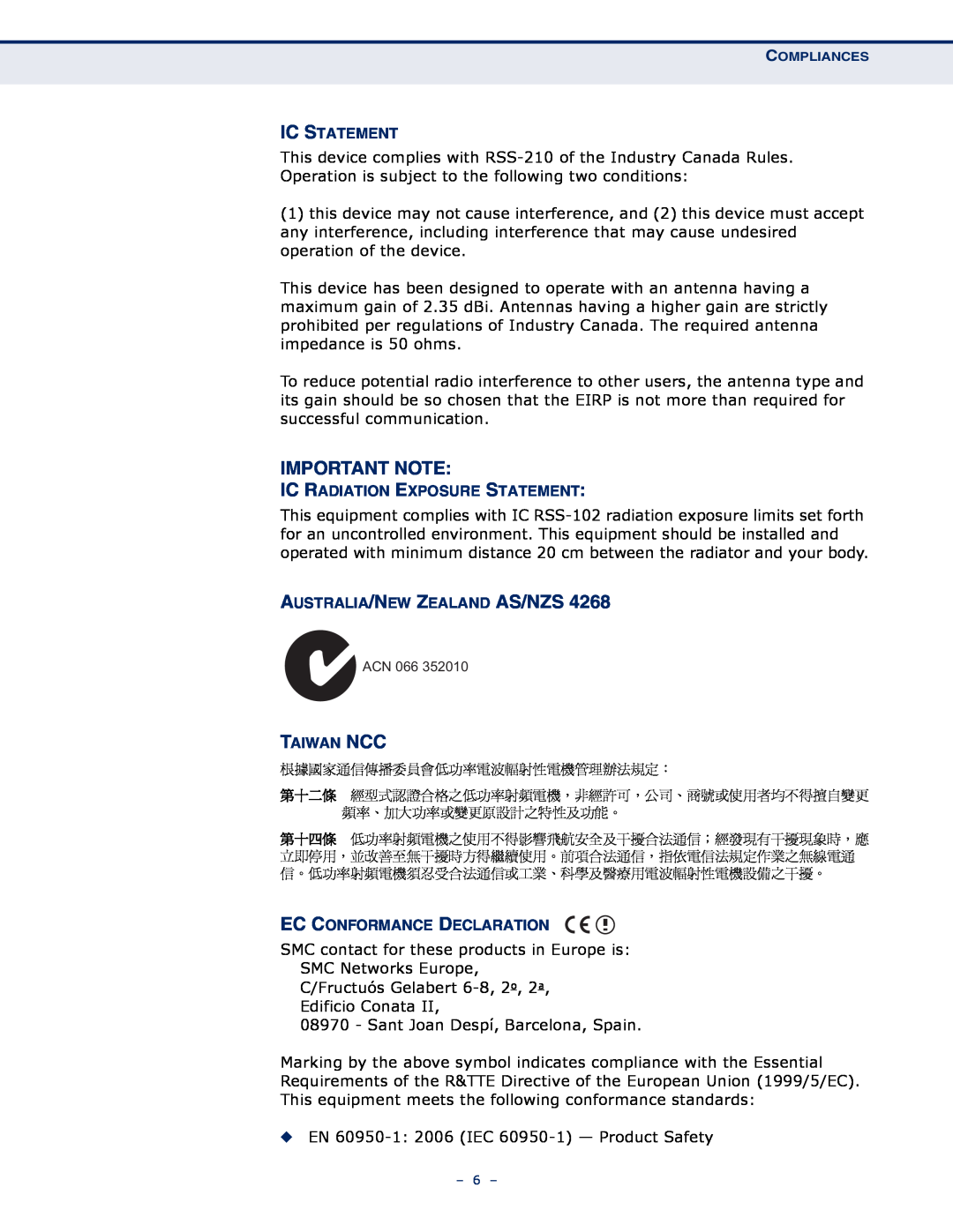 SMC Networks SMCWBR11S-N manual Ic Statement, Ic Radiation Exposure Statement, Australia/New Zealand As/Nzs, Taiwan Ncc 