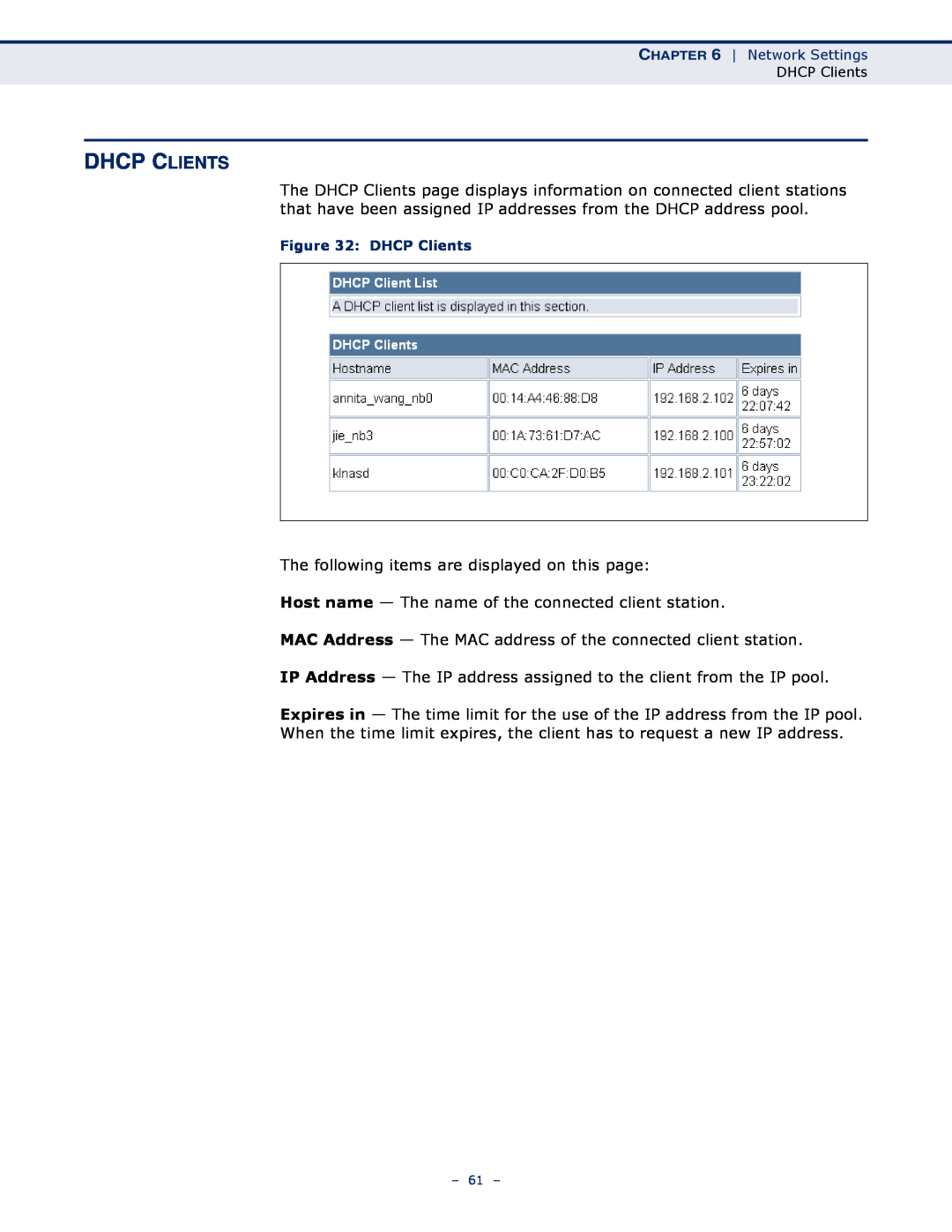 SMC Networks SMCWBR11S-N manual Dhcp Clients, DHCP Clients 