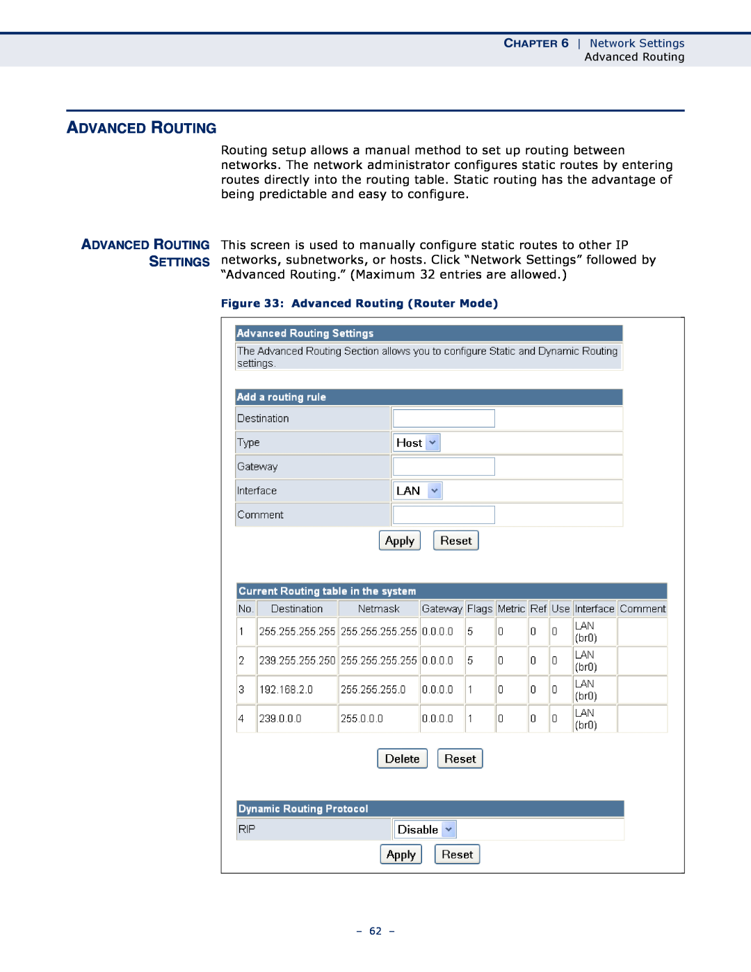 SMC Networks SMCWBR11S-N manual Advanced Routing Settings 