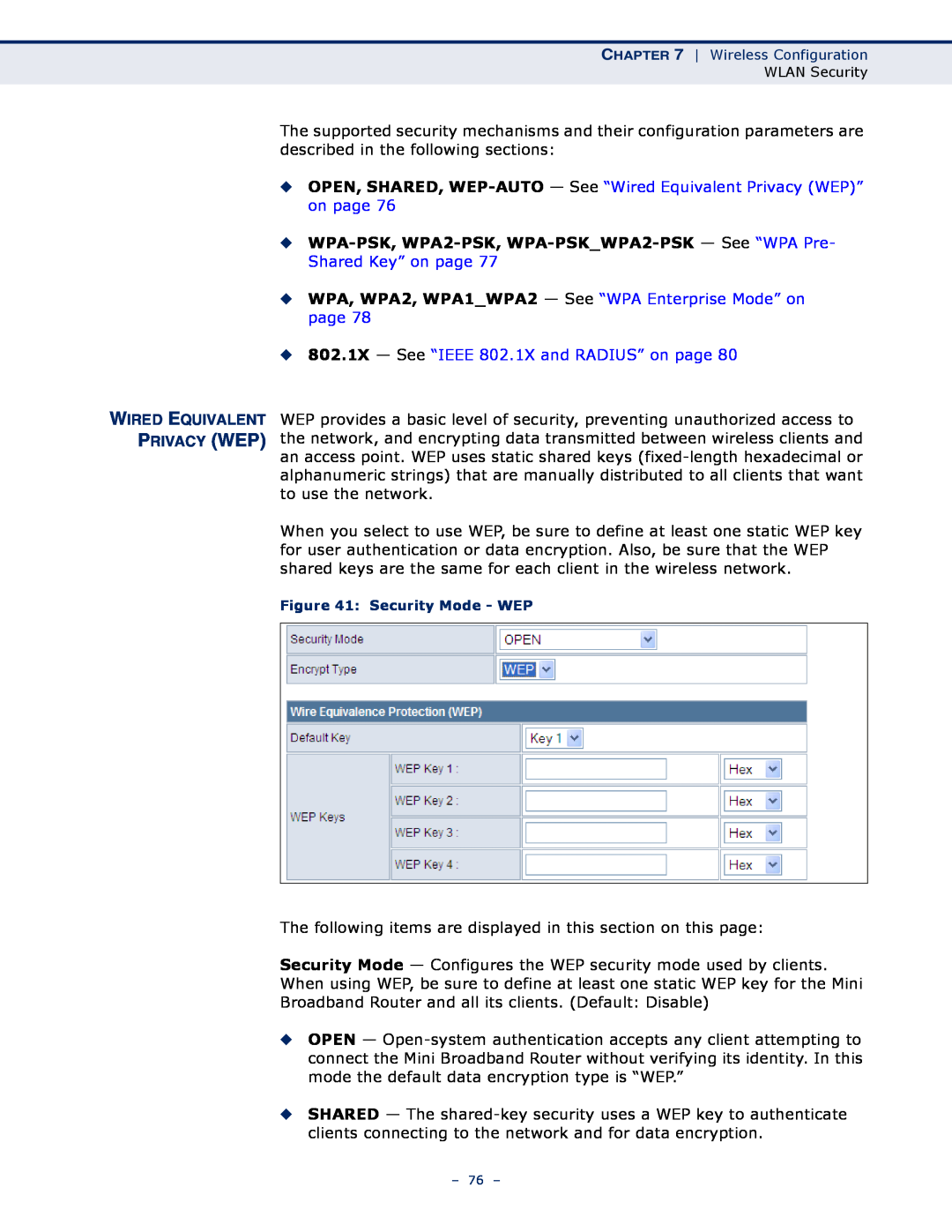 SMC Networks SMCWBR11S-N Wired Equivalent Privacy Wep, OPEN, SHARED, WEP-AUTO - See “Wired Equivalent Privacy WEP” on page 