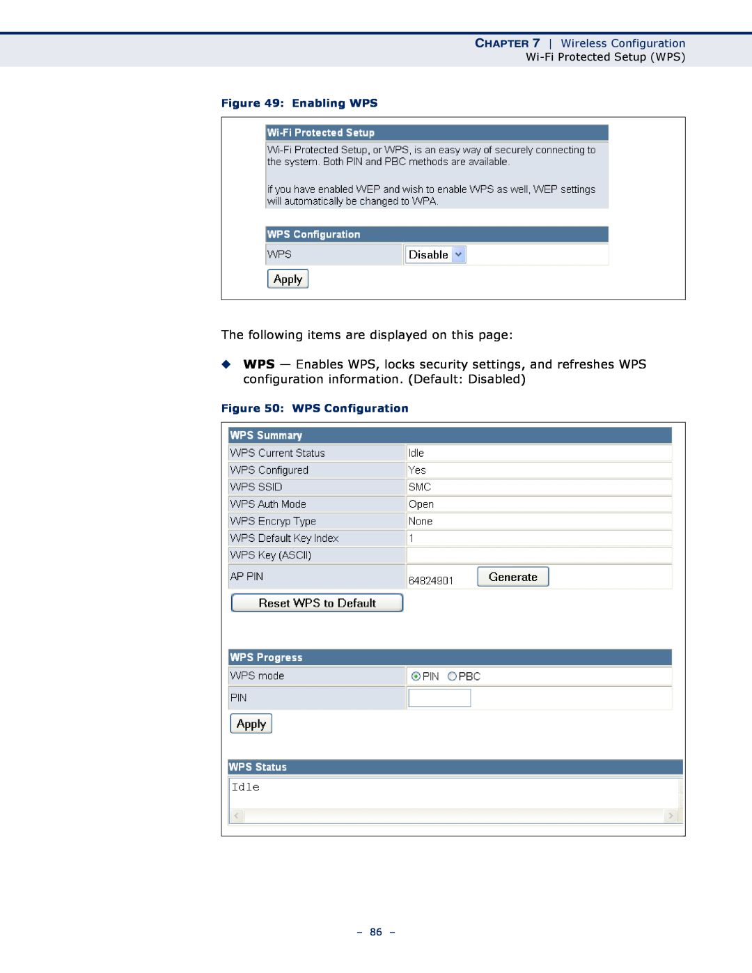 SMC Networks SMCWBR11S-N manual The following items are displayed on this page, Wireless Configuration, Enabling WPS 