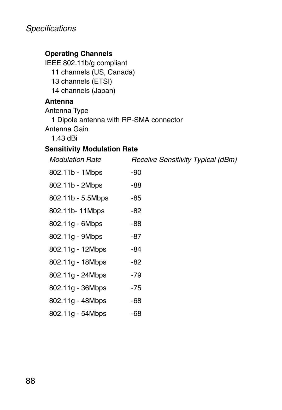 SMC Networks SMCWBR14-G manual Operating Channels, Antenna, Sensitivity Modulation Rate 