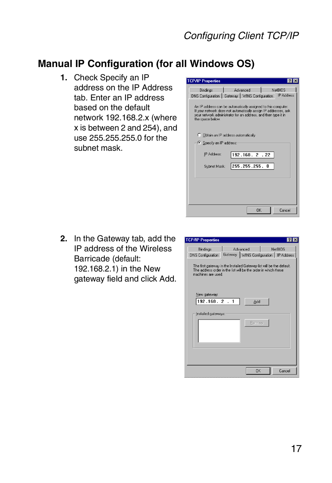 SMC Networks SMCWBR14-G manual Manual IP Configuration for all Windows OS 