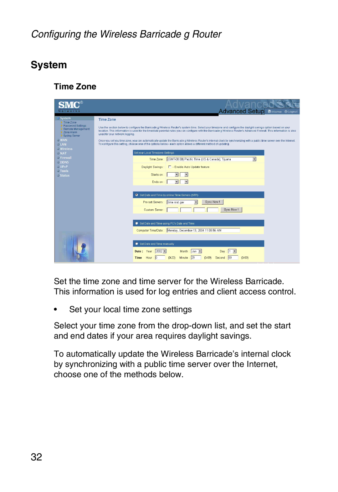 SMC Networks SMCWBR14-G manual System, Time Zone 