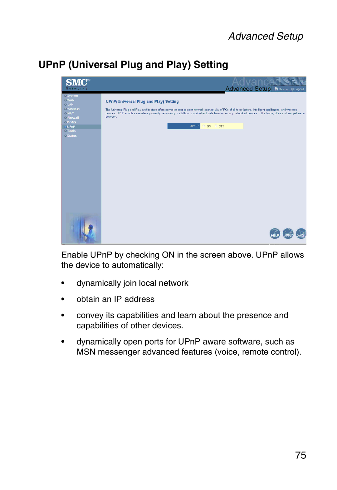 SMC Networks SMCWBR14-G manual UPnP Universal Plug and Play Setting 