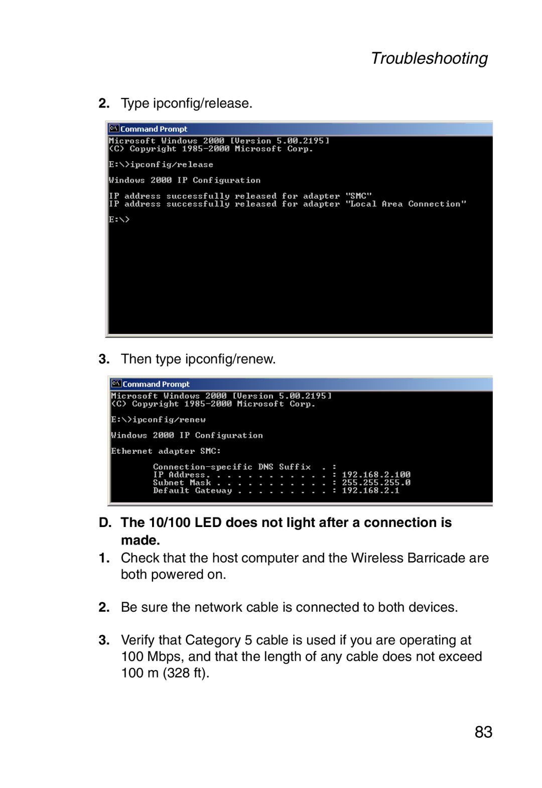 SMC Networks SMCWBR14-G manual 10/100 LED does not light after a connection is made 