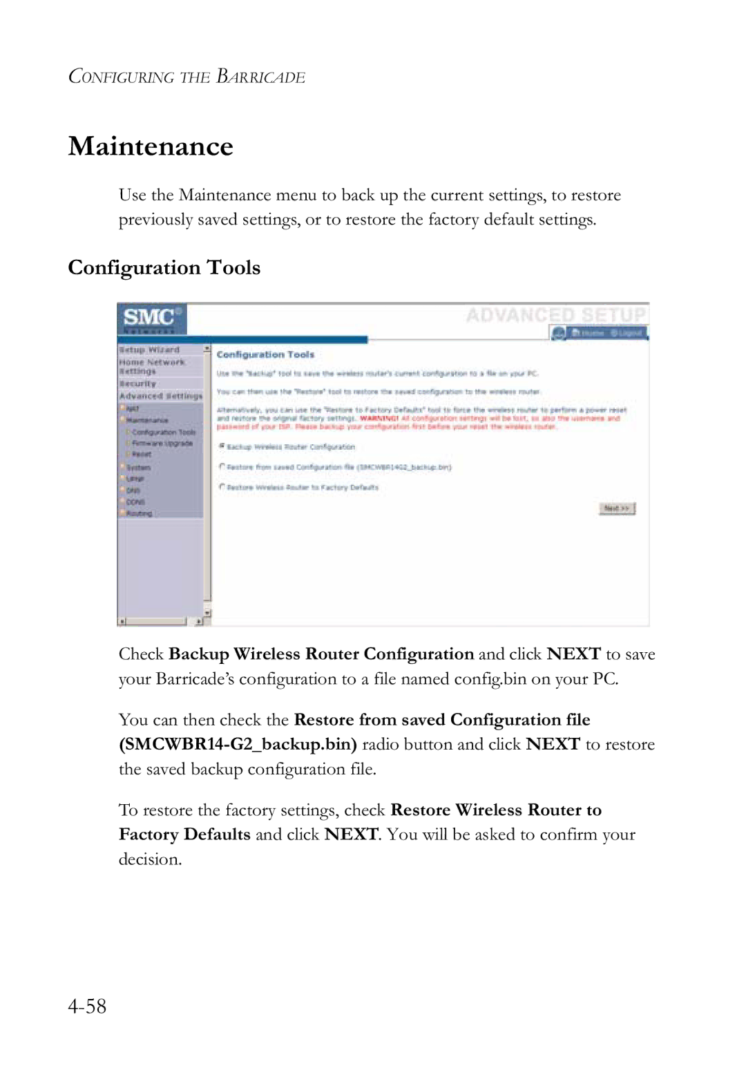 SMC Networks SMCWBR14-G2 manual Maintenance, Configuration Tools 