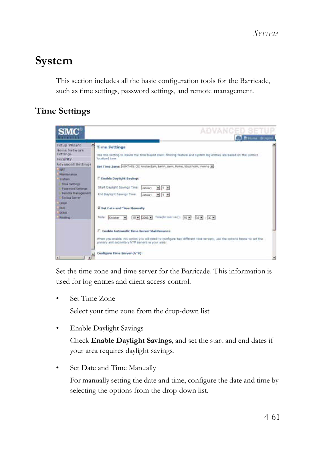 SMC Networks SMCWBR14-G2 manual System, Time Settings 