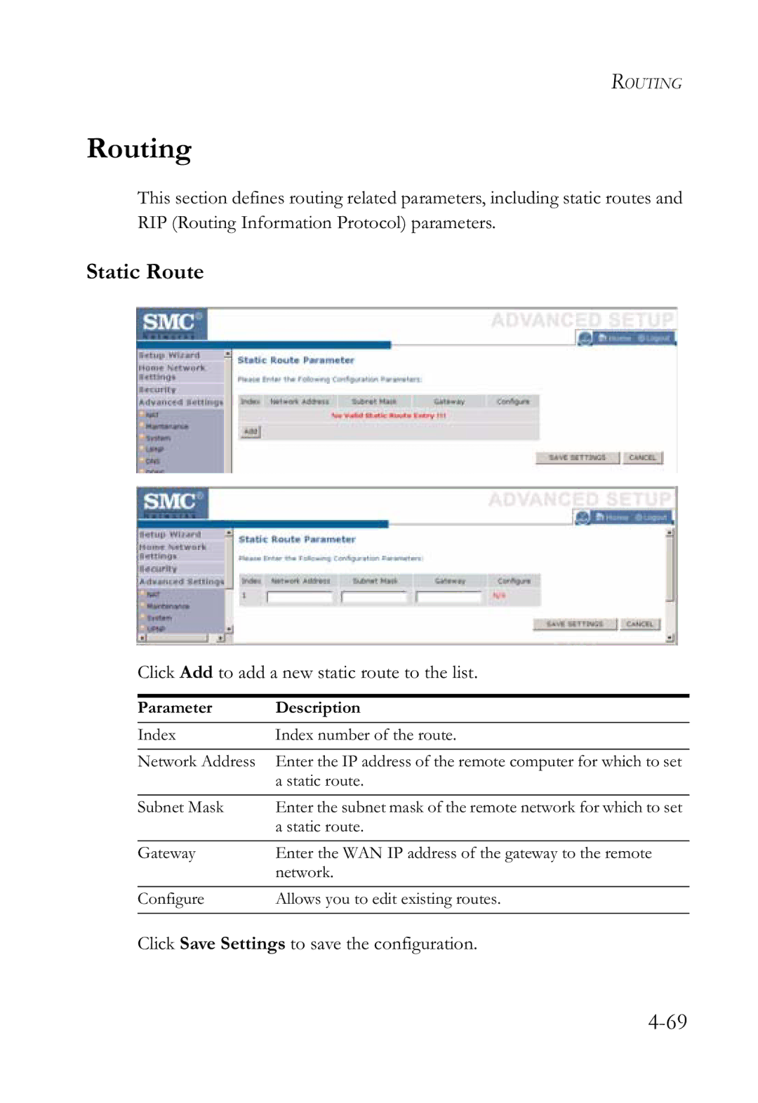 SMC Networks SMCWBR14-G2 manual Routing, Static Route 