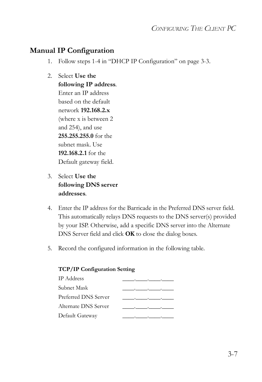 SMC Networks SMCWBR14-G2 manual Manual IP Configuration, TCP/IP Configuration Setting 