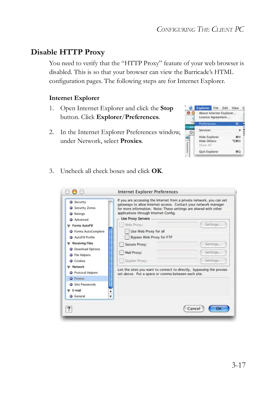 SMC Networks SMCWBR14-G2 manual Disable Http Proxy, Internet Explorer 