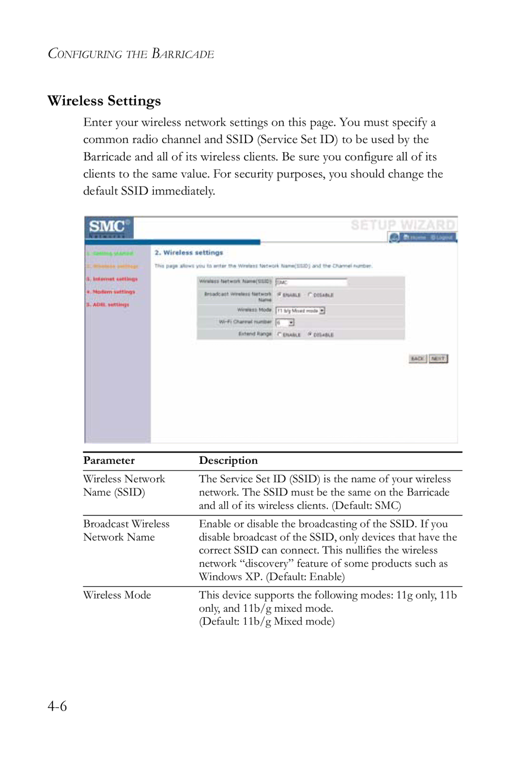 SMC Networks SMCWBR14-G2 manual Wireless Settings, Parameter Description 