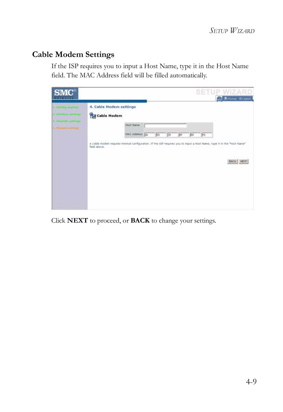 SMC Networks SMCWBR14-G2 manual Cable Modem Settings 