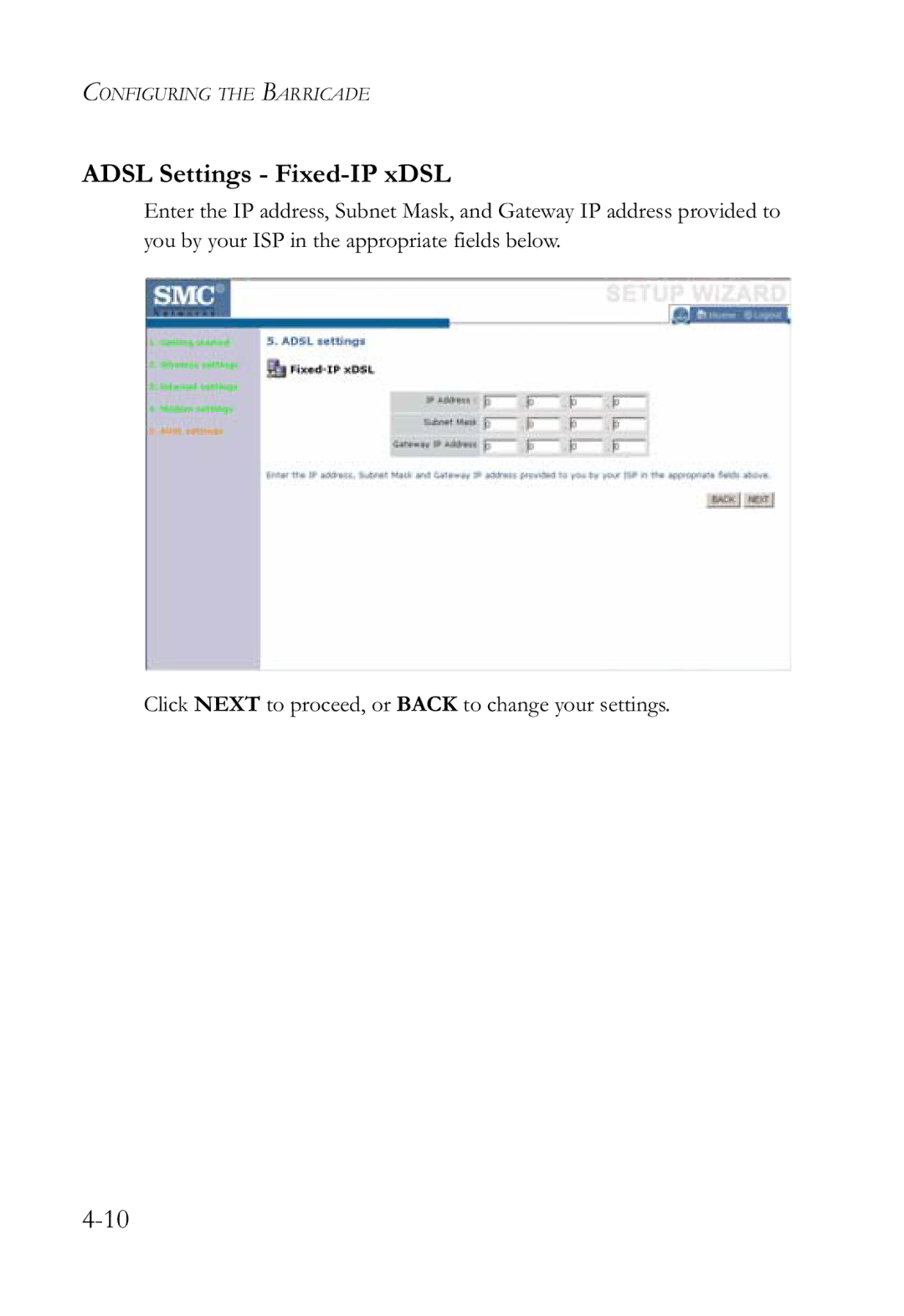 SMC Networks SMCWBR14-G2 manual Adsl Settings Fixed-IP xDSL 