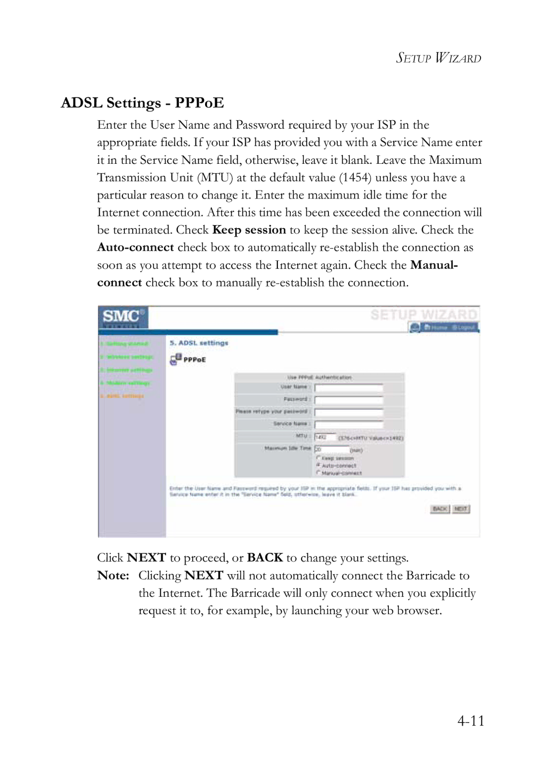 SMC Networks SMCWBR14-G2 manual Adsl Settings PPPoE 