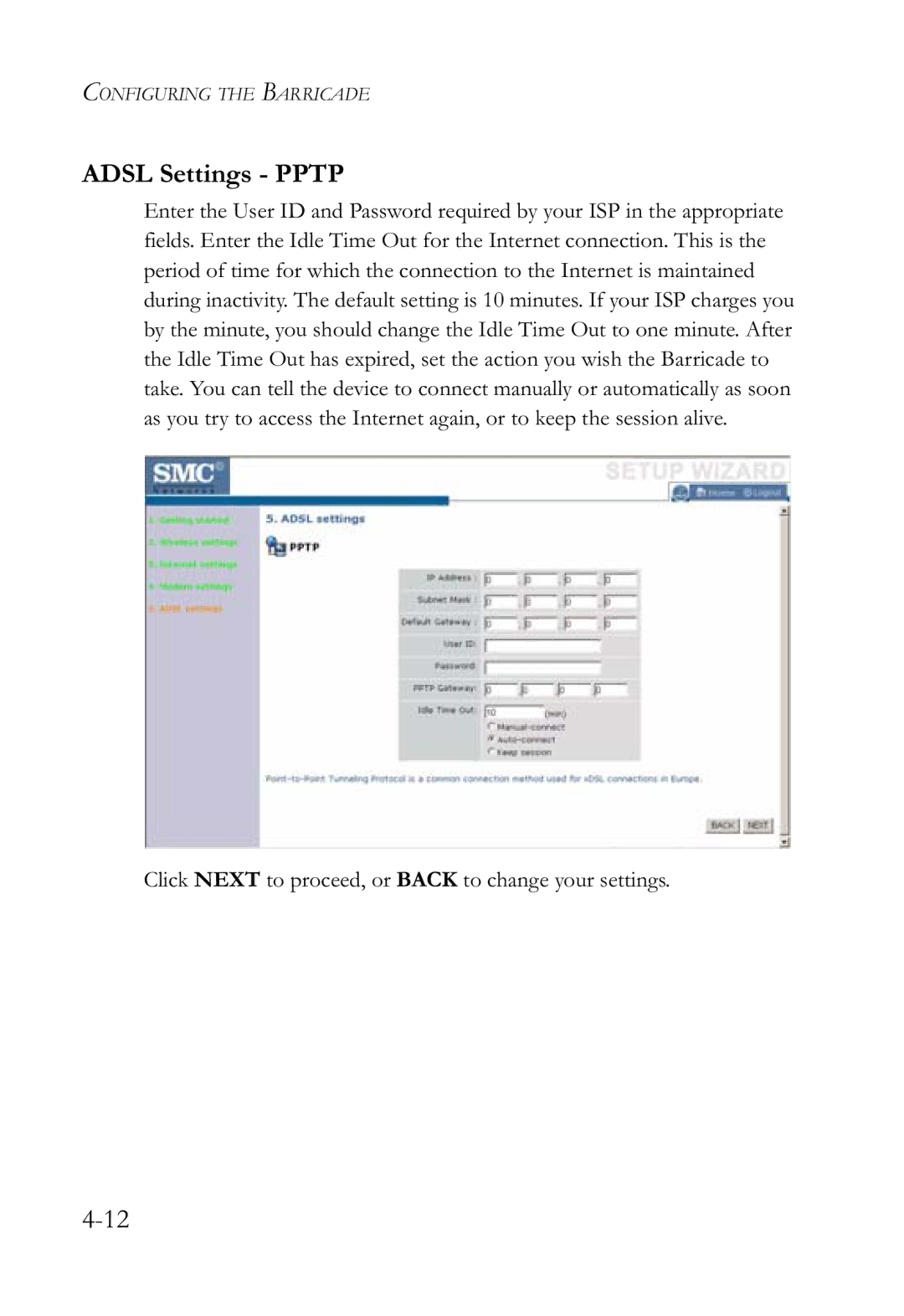 SMC Networks SMCWBR14-G2 manual Adsl Settings Pptp 