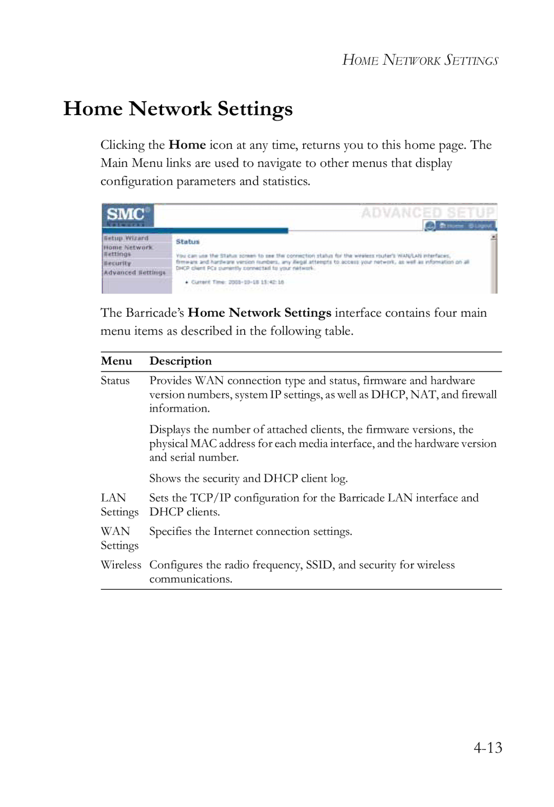 SMC Networks SMCWBR14-G2 manual Home Network Settings, Menu Description 