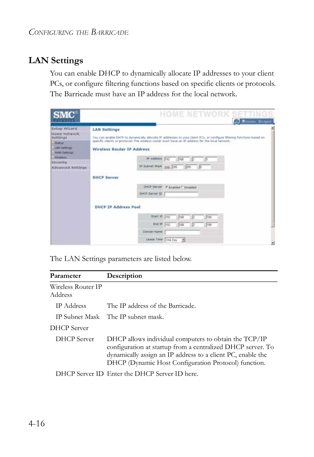 SMC Networks SMCWBR14-G2 manual LAN Settings 