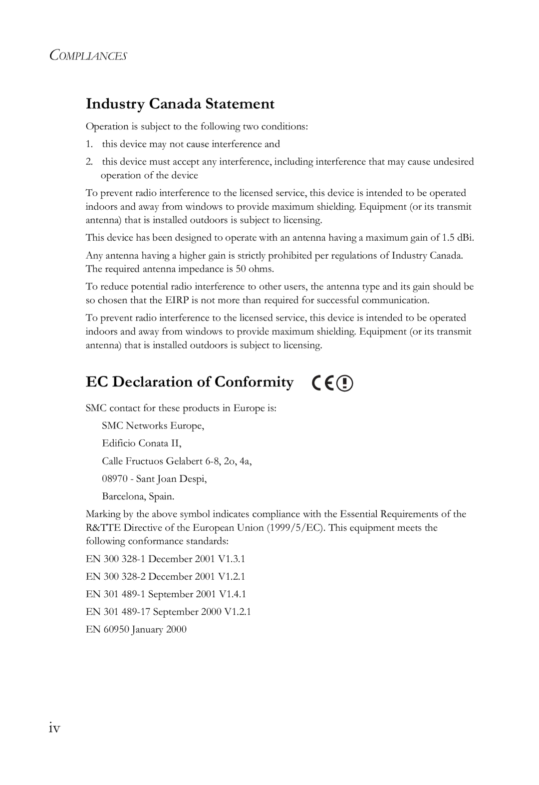 SMC Networks SMCWBR14-G2 manual Industry Canada Statement, EC Declaration of Conformity 