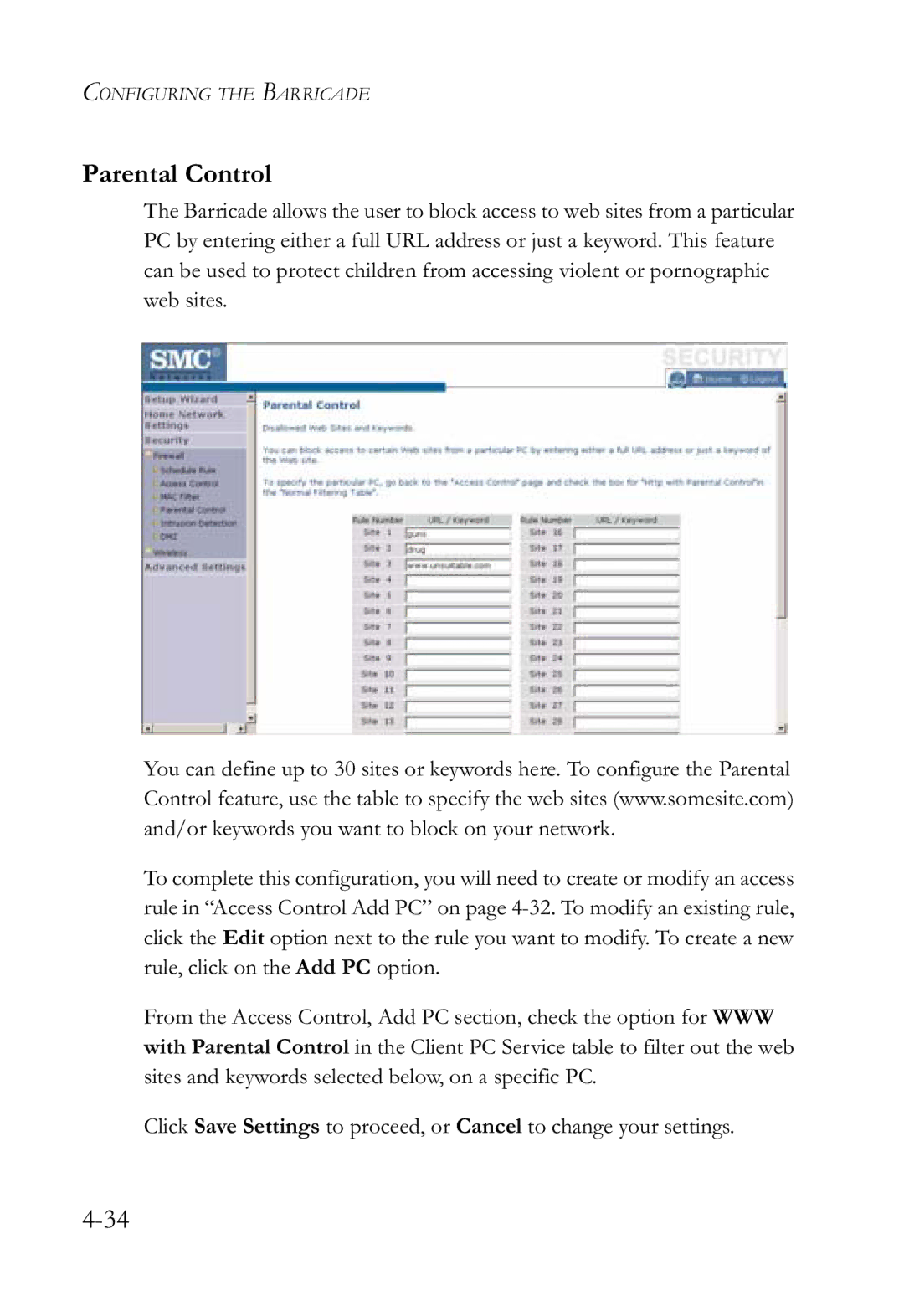 SMC Networks SMCWBR14-G2 manual Parental Control 