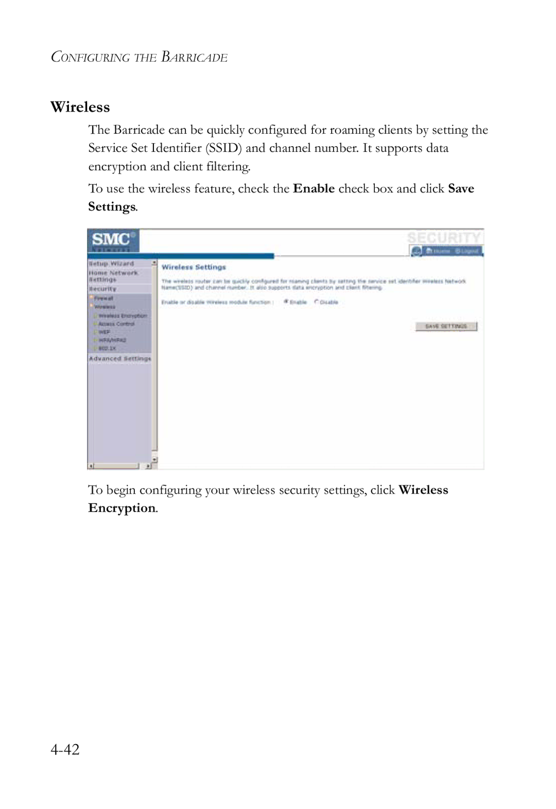 SMC Networks SMCWBR14-G2 manual Wireless, Encryption 