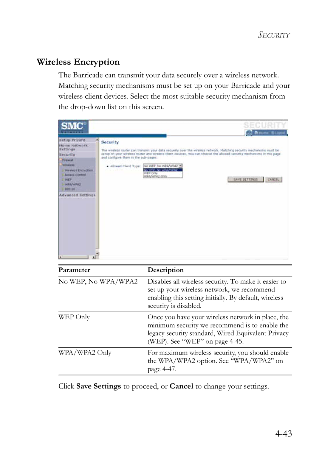 SMC Networks SMCWBR14-G2 manual Wireless Encryption 