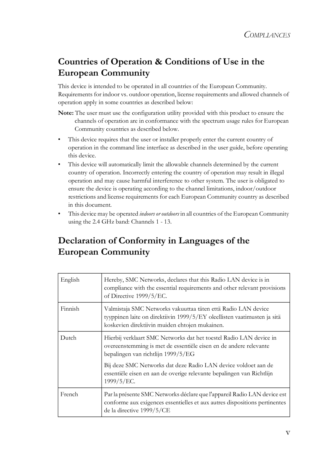 SMC Networks SMCWBR14-G2 manual Directive 1999/5/EC 