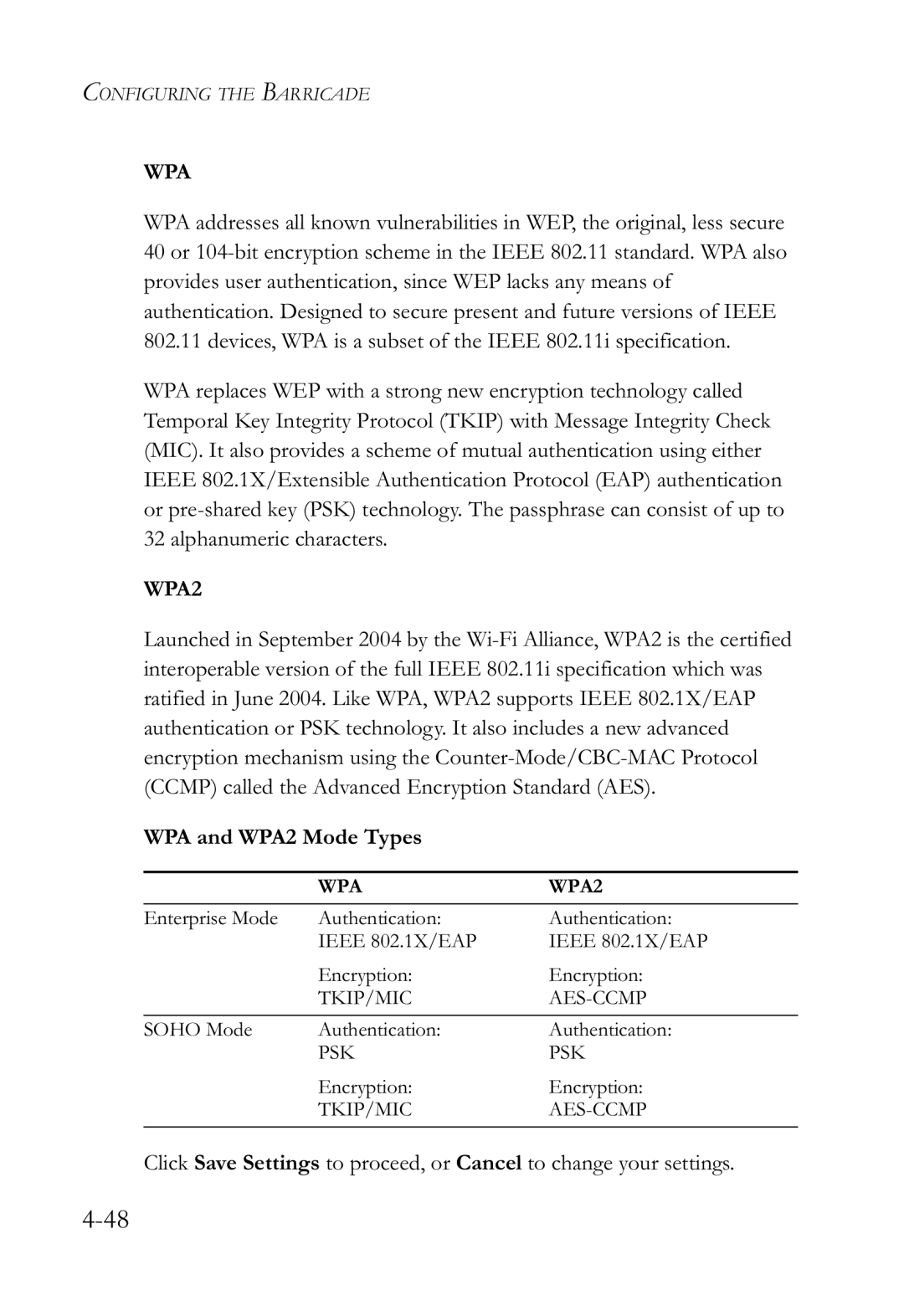 SMC Networks SMCWBR14-G2 manual Wpa, WPA and WPA2 Mode Types 