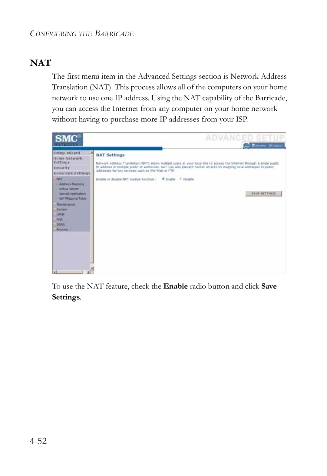 SMC Networks SMCWBR14-G2 manual Nat, Settings 