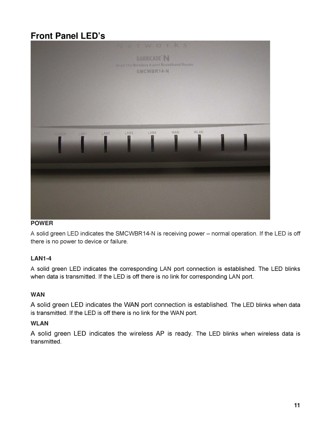 SMC Networks SMCWBR14-N manual Front Panel LED’s 