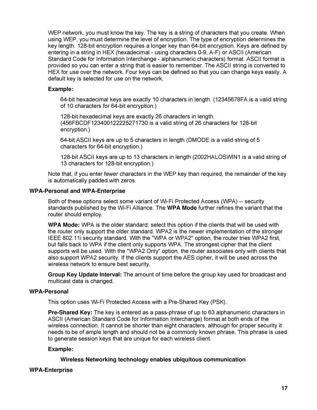 SMC Networks SMCWBR14-N manual Example, WPA-Personal and WPA-Enterprise 