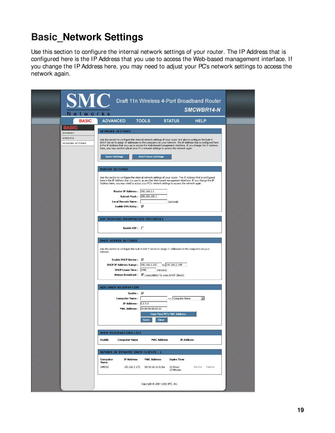 SMC Networks SMCWBR14-N manual BasicNetwork Settings 