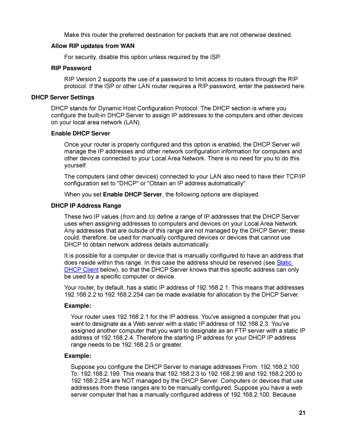 SMC Networks SMCWBR14-N manual Allow RIP updates from WAN, RIP Password, Dhcp Server Settings, Enable Dhcp Server 