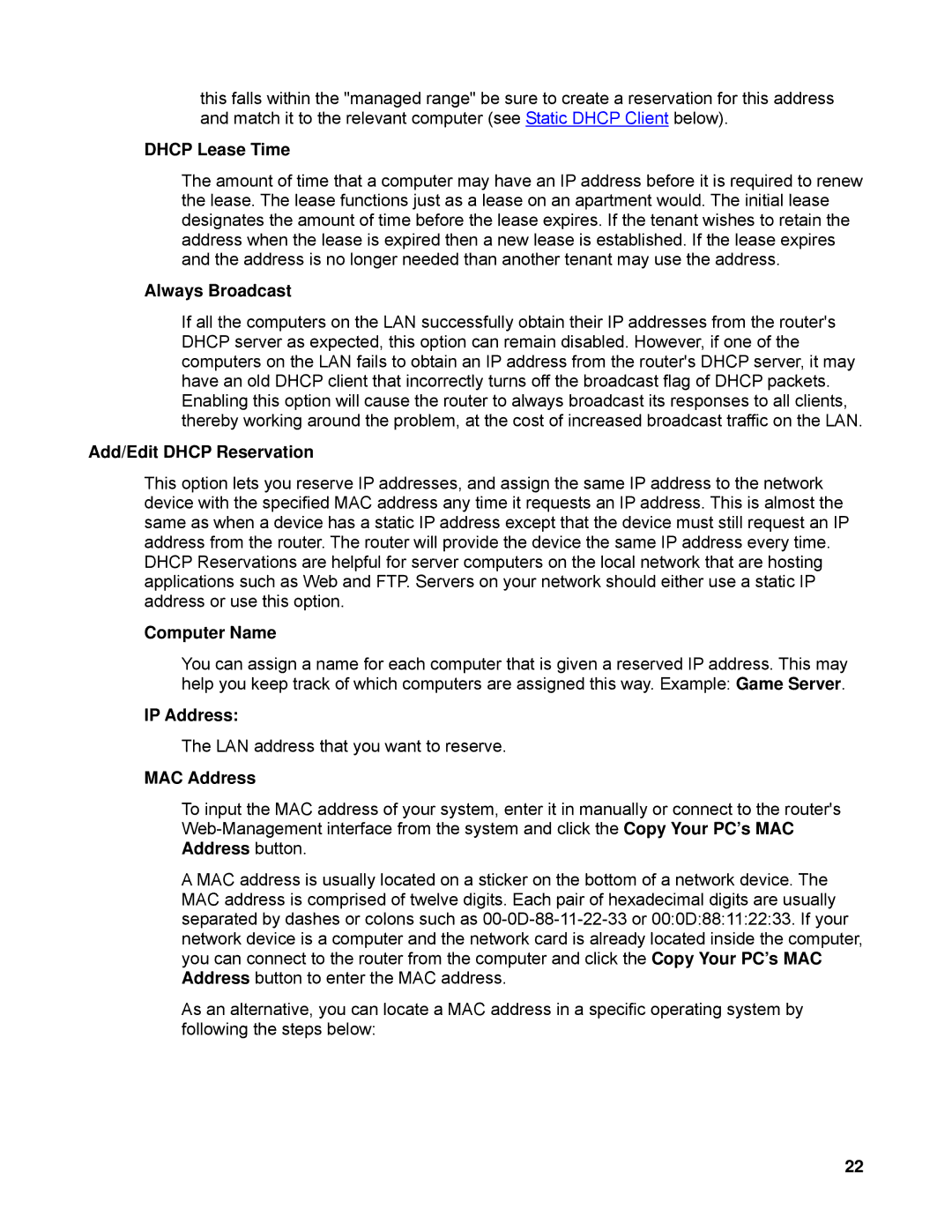 SMC Networks SMCWBR14-N manual Dhcp Lease Time, Always Broadcast, Add/Edit Dhcp Reservation, Computer Name, MAC Address 