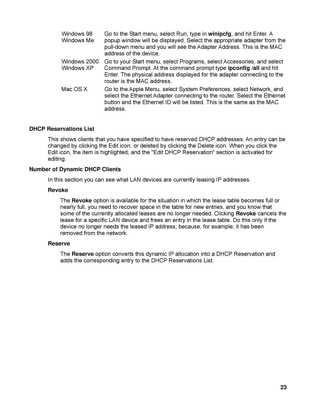 SMC Networks SMCWBR14-N manual Dhcp Reservations List, Number of Dynamic Dhcp Clients, Revoke, Reserve 