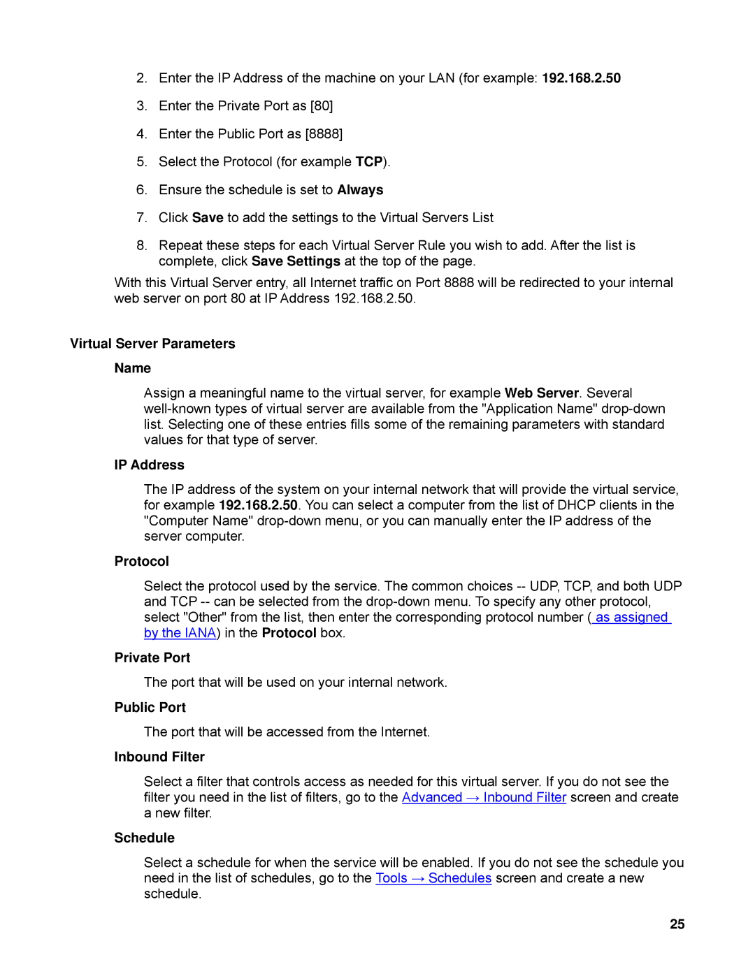 SMC Networks SMCWBR14-N Virtual Server Parameters Name, Protocol, Private Port, Public Port, Inbound Filter, Schedule 