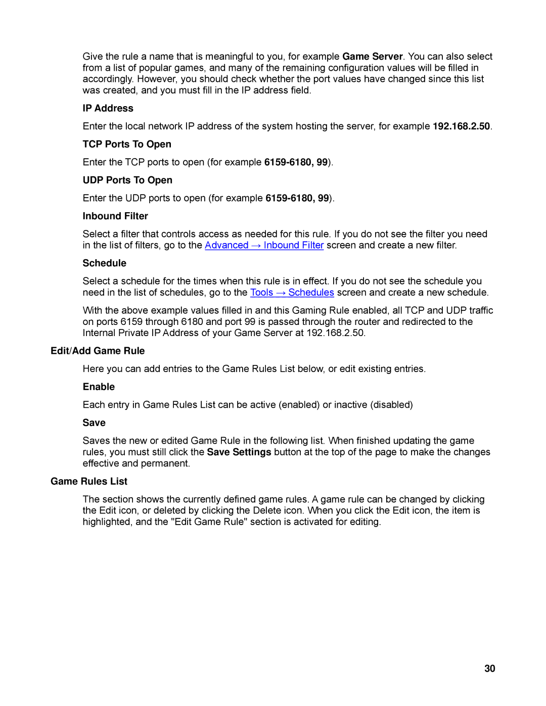 SMC Networks SMCWBR14-N manual TCP Ports To Open, UDP Ports To Open, Edit/Add Game Rule, Game Rules List 