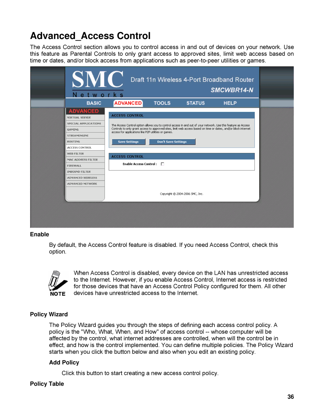 SMC Networks SMCWBR14-N manual AdvancedAccess Control, Policy Wizard, Add Policy, Policy Table 