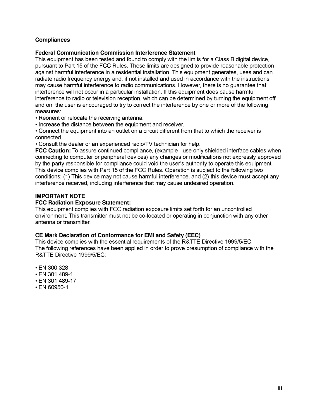 SMC Networks SMCWBR14-N manual Important Note, FCC Radiation Exposure Statement, Iii 