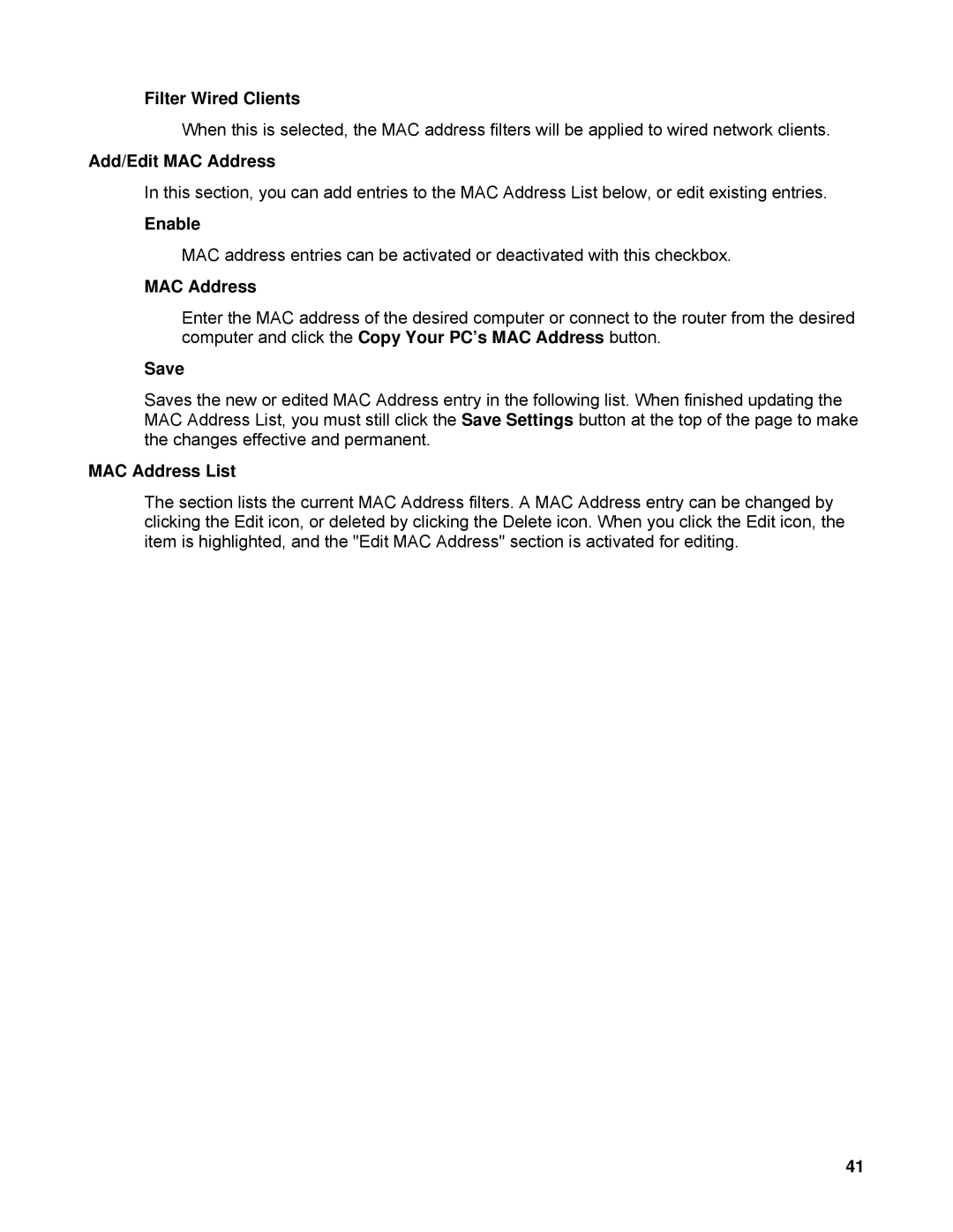 SMC Networks SMCWBR14-N manual Filter Wired Clients, Add/Edit MAC Address, MAC Address List 