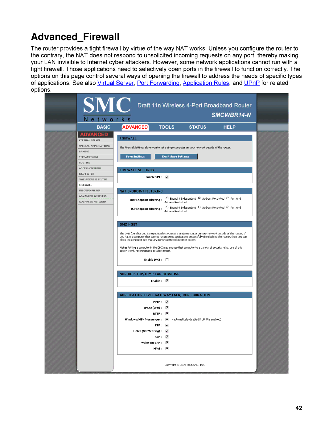 SMC Networks SMCWBR14-N manual AdvancedFirewall 