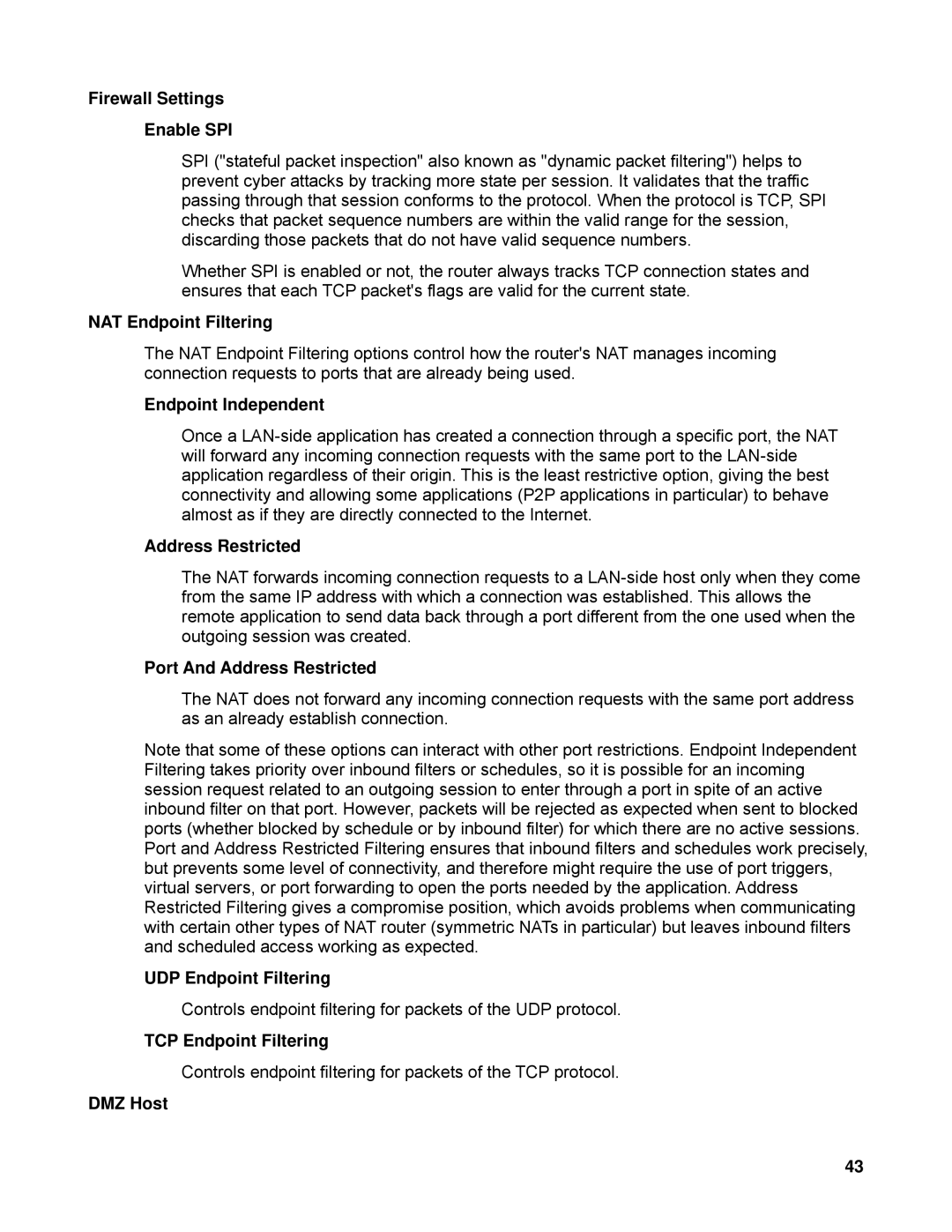 SMC Networks SMCWBR14-N Firewall Settings Enable SPI, NAT Endpoint Filtering, Endpoint Independent, Address Restricted 