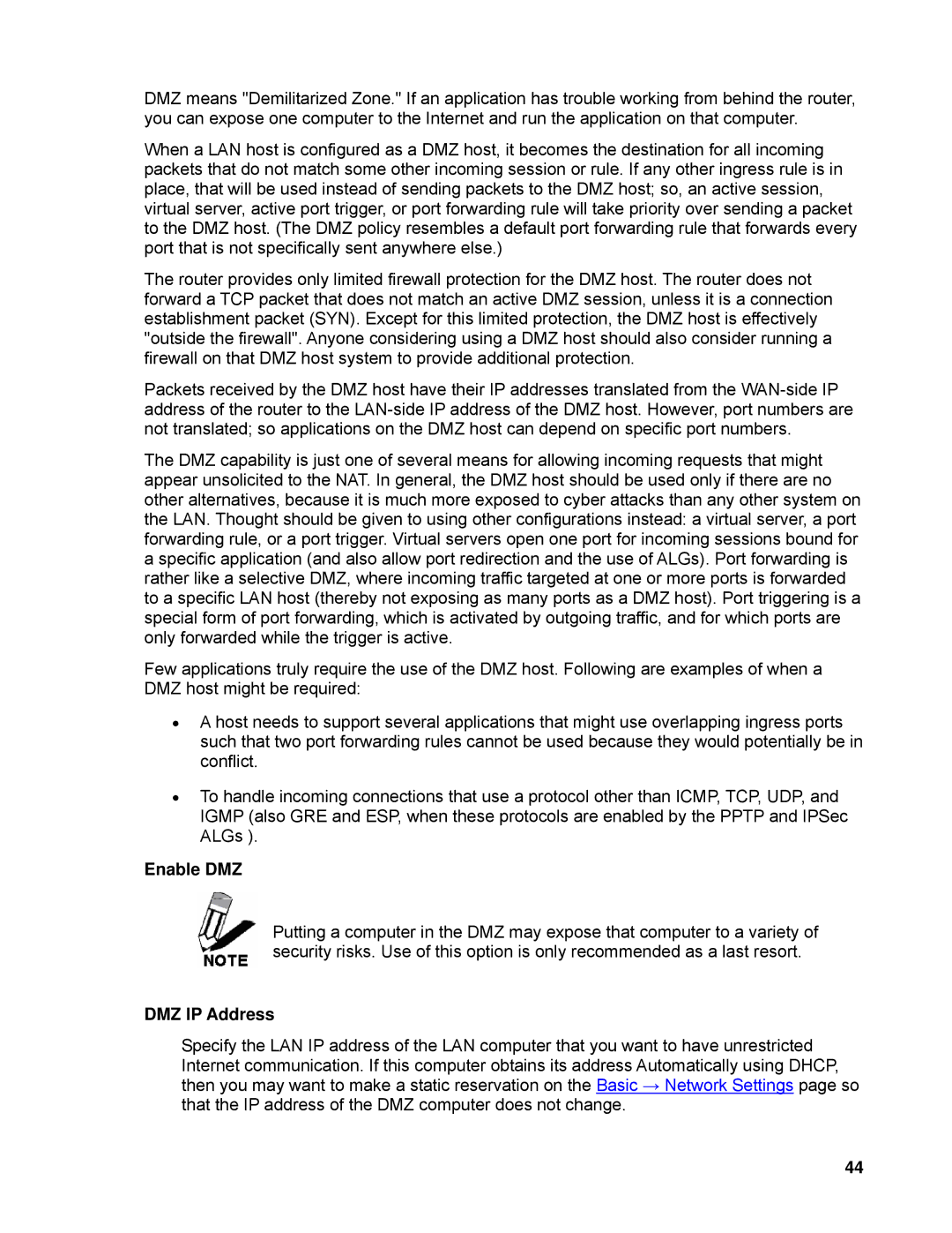 SMC Networks SMCWBR14-N manual Enable DMZ, DMZ IP Address 