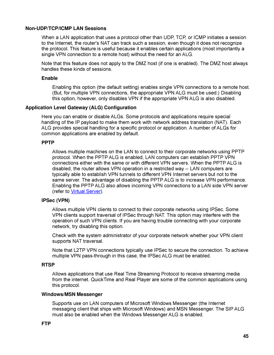 SMC Networks SMCWBR14-N manual Pptp, Rtsp, Ftp 