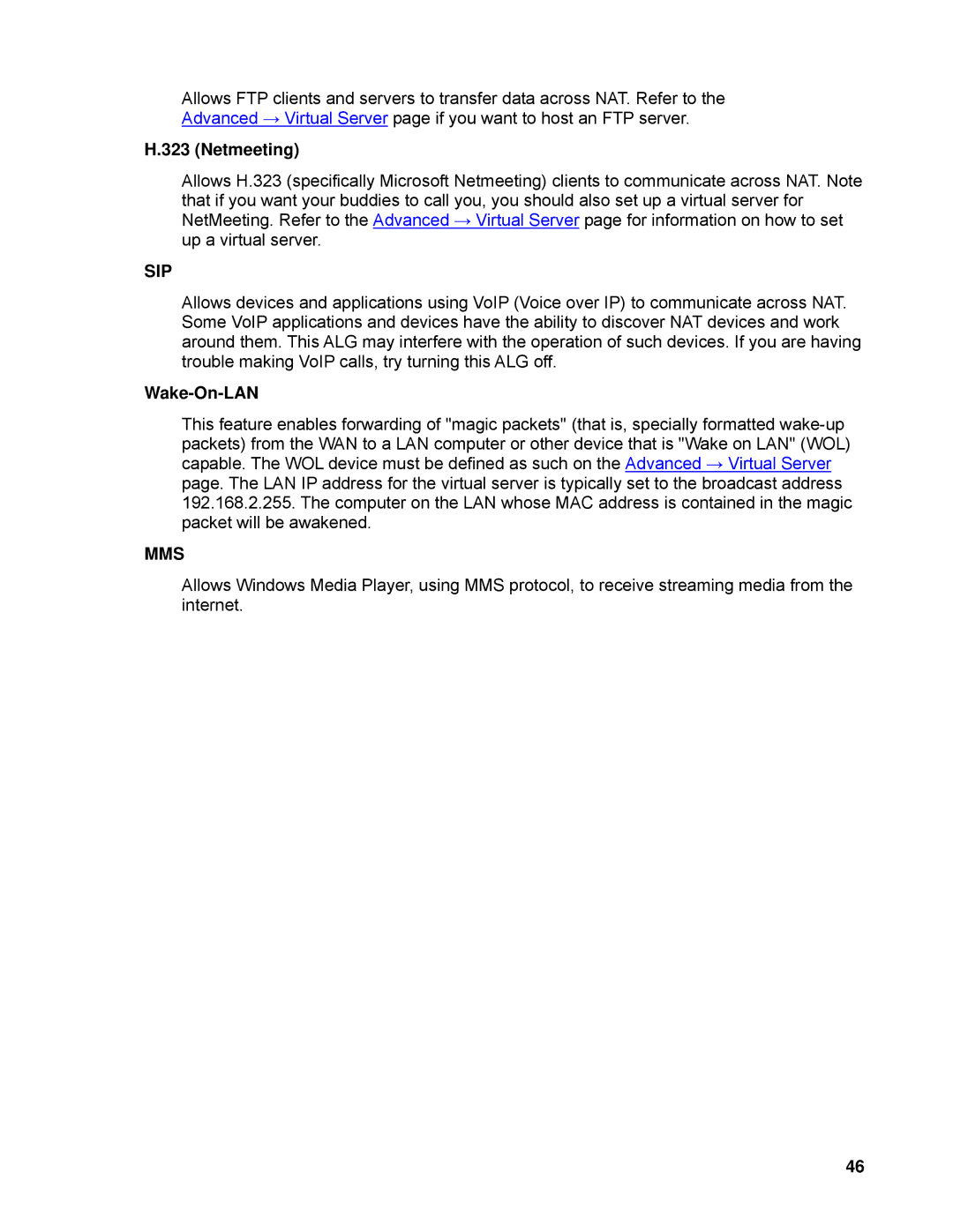 SMC Networks SMCWBR14-N manual Netmeeting, Sip, Wake-On-LAN, Mms 