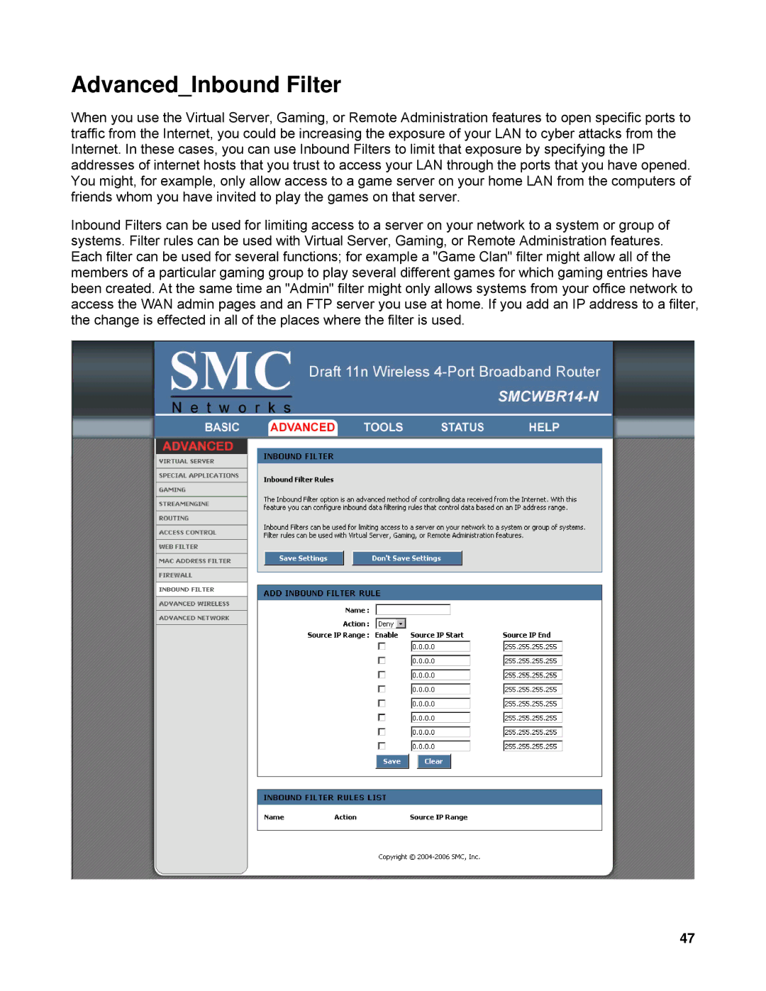 SMC Networks SMCWBR14-N manual AdvancedInbound Filter 