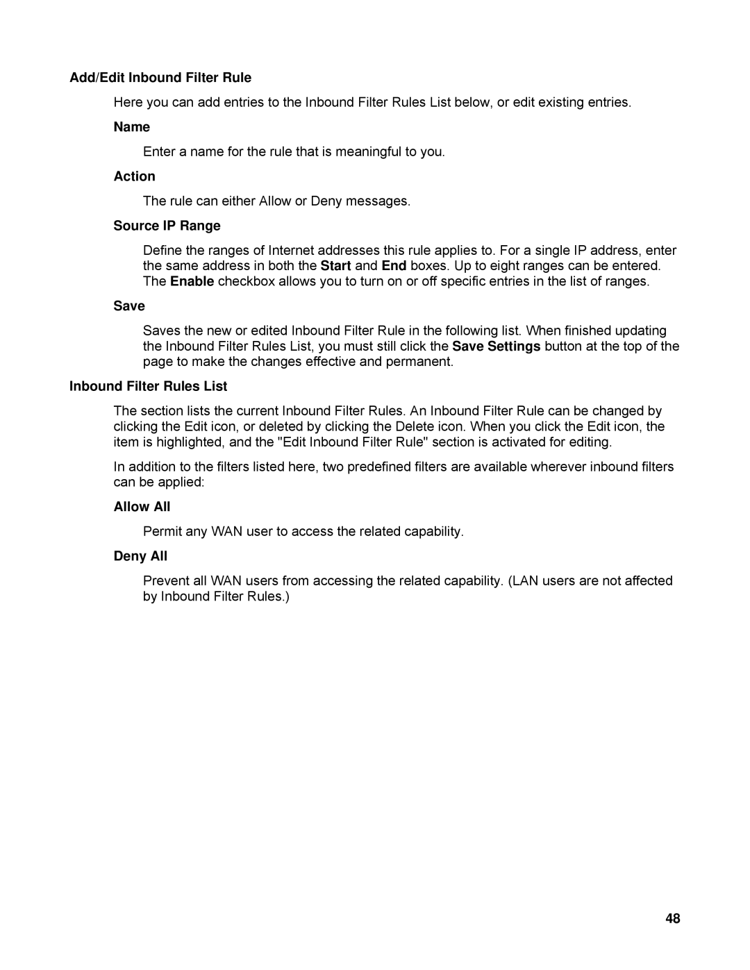 SMC Networks SMCWBR14-N manual Add/Edit Inbound Filter Rule, Action, Inbound Filter Rules List, Allow All, Deny All 