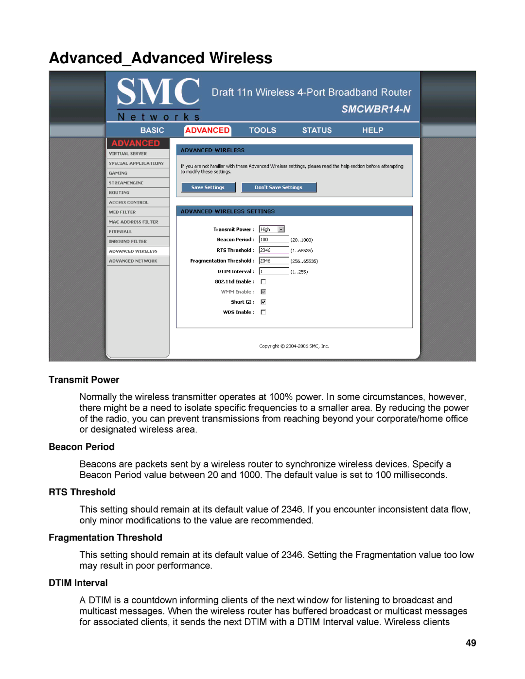 SMC Networks SMCWBR14-N manual AdvancedAdvanced Wireless 